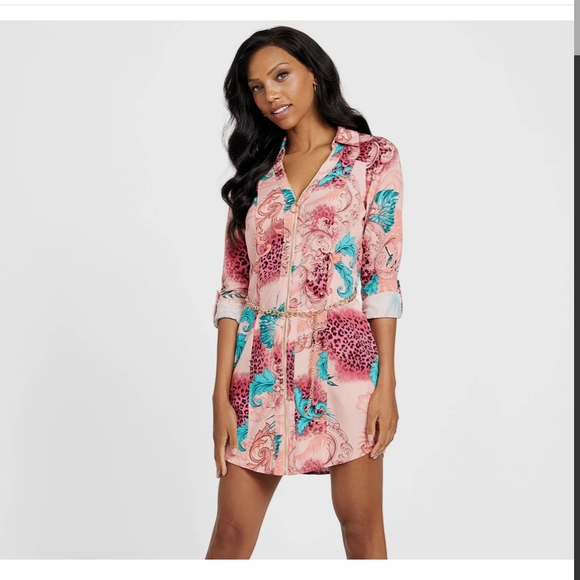 Guess Dresses & Skirts - Pink and Blue Patterned Shirt Dress